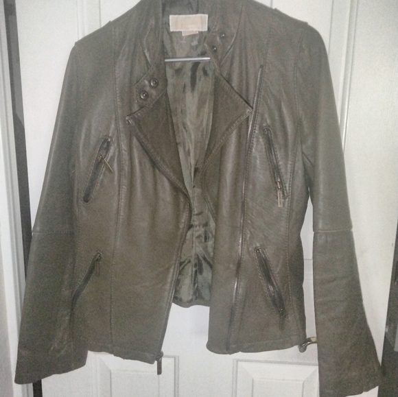 Women's Michael kors size medium leather biker moto jacket olive green - Picture 6 of 11